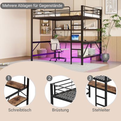 Lit mezzanine 140x200 cm avec bureau, étagères, LED et prise USB - lit ado/enfant gain de place - métal noir - sans matelas