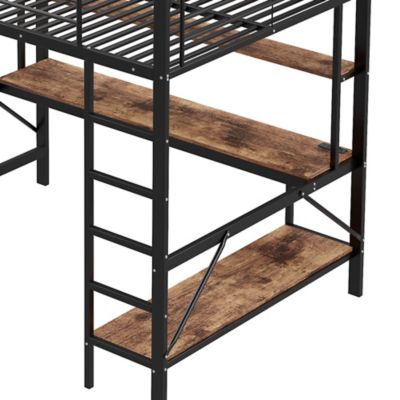 Lit mezzanine 140x200 cm avec bureau, étagères, LED et prise USB - lit ado/enfant gain de place - métal noir - sans matelas