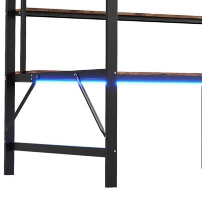 Lit mezzanine 140x200 cm avec bureau, étagères, LED et prise USB - lit ado/enfant gain de place - métal noir - sans matelas