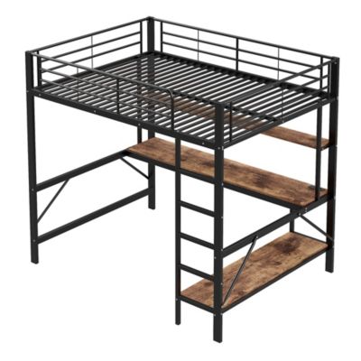 Lit mezzanine 140x200 cm avec bureau, étagères, LED et prise USB - lit ado/enfant gain de place - métal noir - sans matelas