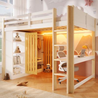 Lit mezzanine 140x200 cm avec LED - avec armoire - avec étagères et bureau - blanc + naturel (matelas non inclus)