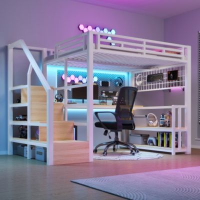 Lit mezzanine 140x200 cm avec LED - avec penderie et bureau - 2 ports USB + 1 port Type-C - blanc (matelas non inclus)