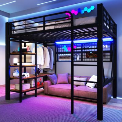 Lit mezzanine 140x200 cm en métal noir avec LED et rangement