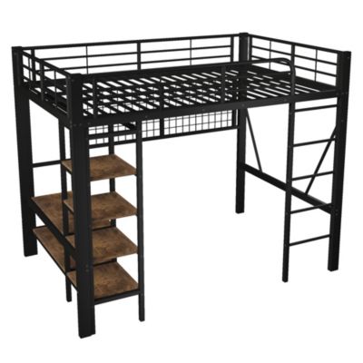 Lit mezzanine 140x200 cm en métal noir avec LED et rangement