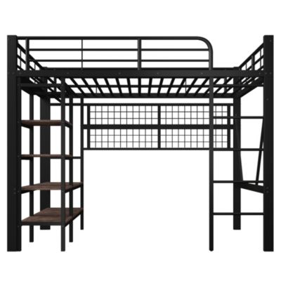Lit mezzanine 140x200 cm en métal noir avec LED et rangement