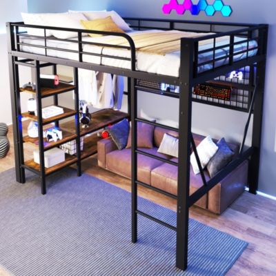 Lit Mezzanine 140x200 cm - LED Intégrée, Étagères et Rangements avec Portant Vêtements, Espace Ouvert sous Lit, Métal/MDF, No