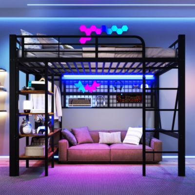 Lit Mezzanine 140x200 cm - LED Intégrée, Étagères et Rangements avec Portant Vêtements, Espace Ouvert sous Lit, Métal/MDF, No