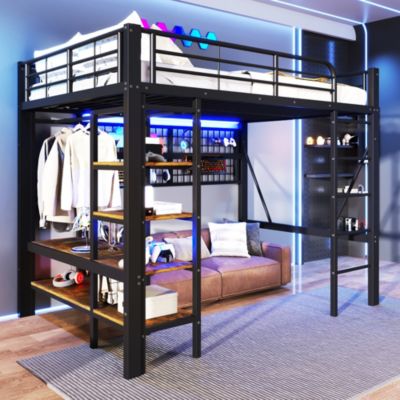 Lit Mezzanine 140x200 cm - LED Intégrée, Étagères et Rangements avec Portant Vêtements, Espace Ouvert sous Lit, Métal/MDF, No