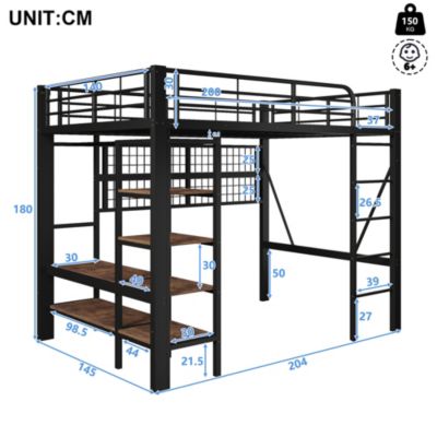 Lit Mezzanine 140x200 cm - LED Intégrée, Étagères et Rangements avec Portant Vêtements, Espace Ouvert sous Lit, Métal/MDF, No
