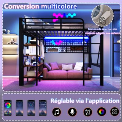Lit Mezzanine 140x200 cm - LED Intégrée, Étagères et Rangements avec Portant Vêtements, Espace Ouvert sous Lit, Métal/MDF, No