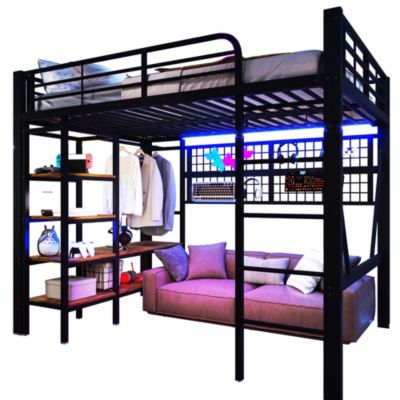 Lit Mezzanine 140x200 cm - LED Intégrée, Étagères et Rangements avec Portant Vêtements, Espace Ouvert sous Lit, Métal/MDF, No