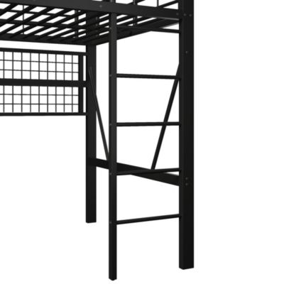 Lit Mezzanine 140x200 cm - LED Intégrée, Étagères et Rangements avec Portant Vêtements, Espace Ouvert sous Lit, Métal/MDF, No