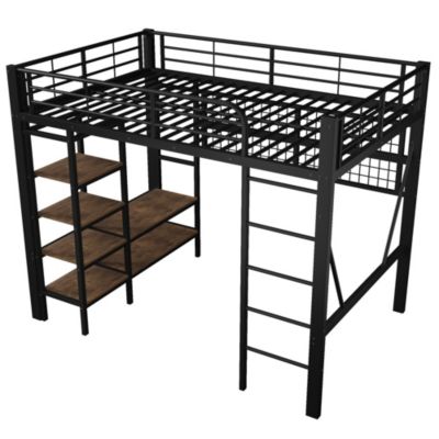 Lit Mezzanine 140x200 cm - LED Intégrée, Étagères et Rangements avec Portant Vêtements, Espace Ouvert sous Lit, Métal/MDF, No