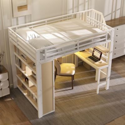 Lit Mezzanine 140x200 cm - Lit Ado avec Bureau Intégré, LED et Escalier de Rangement, Métal + MDF, Blanc
