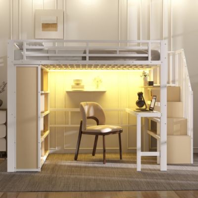 Lit Mezzanine 140x200 cm - Lit Ado avec Bureau Intégré, LED et Escalier de Rangement, Métal + MDF, Blanc