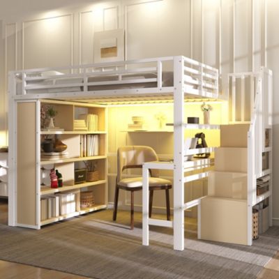 Lit Mezzanine 140x200 cm - Lit Ado avec Bureau Intégré, LED et Escalier de Rangement, Métal + MDF, Blanc