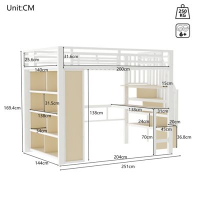 Lit Mezzanine 140x200 cm - Lit Ado avec Bureau Intégré, LED et Escalier de Rangement, Métal + MDF, Blanc