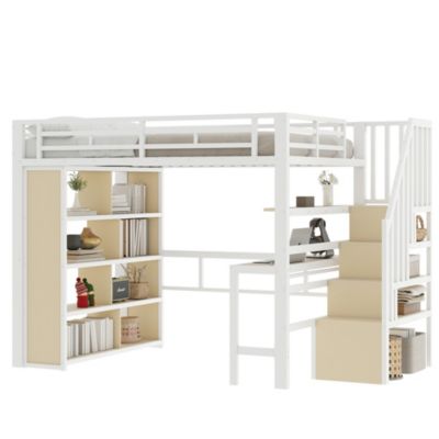 Lit Mezzanine 140x200 cm - Lit Ado avec Bureau Intégré, LED et Escalier de Rangement, Métal + MDF, Blanc