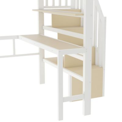 Lit Mezzanine 140x200 cm - Lit Ado avec Bureau Intégré, LED et Escalier de Rangement, Métal + MDF, Blanc