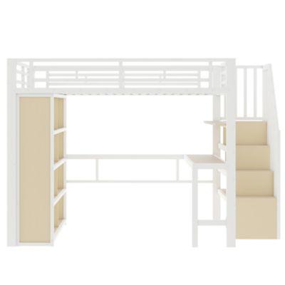 Lit Mezzanine 140x200 cm - Lit Ado avec Bureau Intégré, LED et Escalier de Rangement, Métal + MDF, Blanc