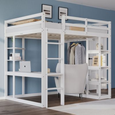 Lit mezzanine 140x200 cm - Lit double avec bureau intégré, rangements fonctionnels et échelle - Pin et MDF - Blanc