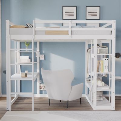 Lit mezzanine 140x200 cm - Lit double avec bureau intégré, rangements fonctionnels et échelle - Pin et MDF - Blanc