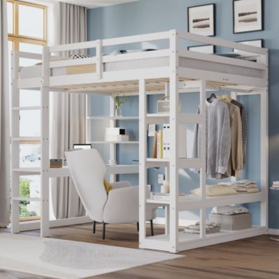 Lit mezzanine 140x200 cm - Lit double avec bureau intégré, rangements fonctionnels et échelle - Pin et MDF - Blanc