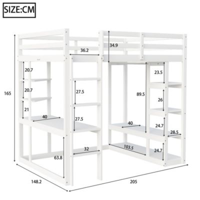 Lit mezzanine 140x200 cm - Lit double avec bureau intégré, rangements fonctionnels et échelle - Pin et MDF - Blanc