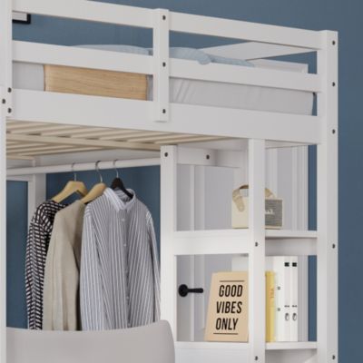 Lit mezzanine 140x200 cm - Lit double avec bureau intégré, rangements fonctionnels et échelle - Pin et MDF - Blanc