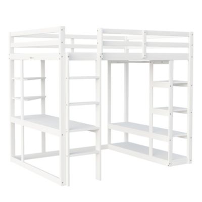Lit mezzanine 140x200 cm - Lit double avec bureau intégré, rangements fonctionnels et échelle - Pin et MDF - Blanc
