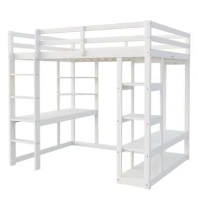 Lit mezzanine 140x200 cm - Lit double avec bureau intégré, rangements fonctionnels et échelle - Pin et MDF - Blanc