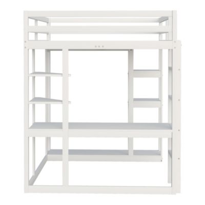 Lit mezzanine 140x200 cm - Lit double avec bureau intégré, rangements fonctionnels et échelle - Pin et MDF - Blanc