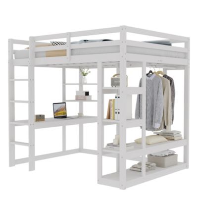 Lit mezzanine 140x200 cm - Lit double avec bureau intégré, rangements fonctionnels et échelle - Pin et MDF - Blanc