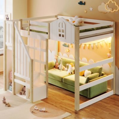 Lit Mezzanine 140x200 cm, Lit Enfant et Ado, avec LED et Échelle Rangement, Pin et MDF, sans Matelas - Blanc et Naturel