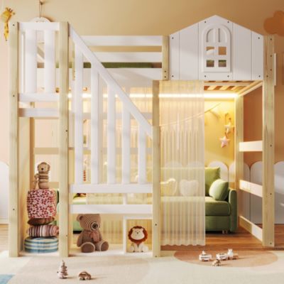 Lit Mezzanine 140x200 cm, Lit Enfant et Ado, avec LED et Échelle Rangement, Pin et MDF, sans Matelas - Blanc et Naturel
