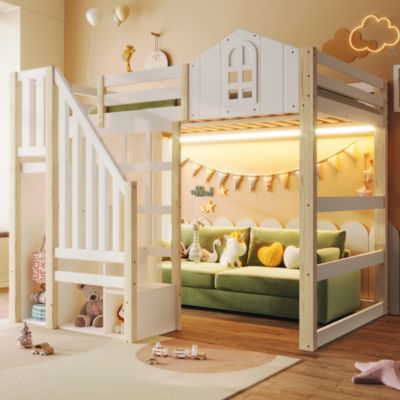 Lit Mezzanine 140x200 cm, Lit Enfant et Ado, avec LED et Échelle Rangement, Pin et MDF, sans Matelas - Blanc et Naturel
