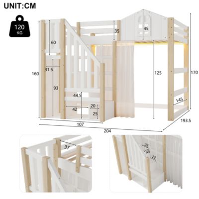 Lit Mezzanine 140x200 cm, Lit Enfant et Ado, avec LED et Échelle Rangement, Pin et MDF, sans Matelas - Blanc et Naturel