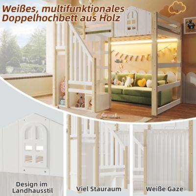 Lit Mezzanine 140x200 cm, Lit Enfant et Ado, avec LED et Échelle Rangement, Pin et MDF, sans Matelas - Blanc et Naturel