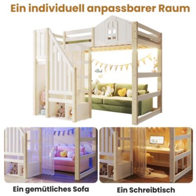 Lit Mezzanine 140x200 cm, Lit Enfant et Ado, avec LED et Échelle Rangement, Pin et MDF, sans Matelas - Blanc et Naturel