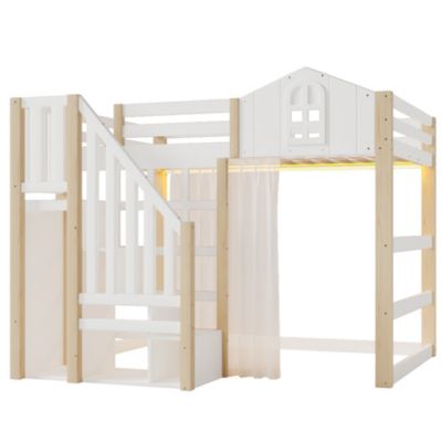 Lit Mezzanine 140x200 cm, Lit Enfant et Ado, avec LED et Échelle Rangement, Pin et MDF, sans Matelas - Blanc et Naturel