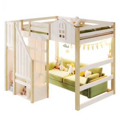 Lit Mezzanine 140x200 cm, Lit Enfant et Ado, avec LED et Échelle Rangement, Pin et MDF, sans Matelas - Blanc et Naturel