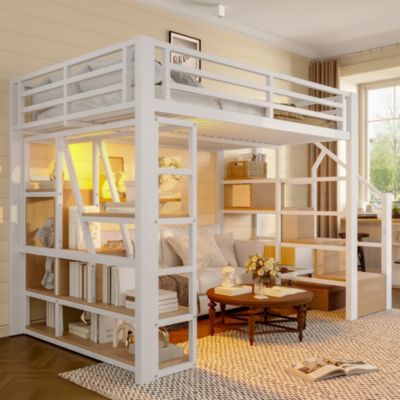Lit Mezzanine 140x200 cm Métal Blanc avec Éclairage LED, Escalier Intégré et Garde-Corps, Lit Ado ou Adulte