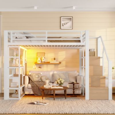 Lit Mezzanine 140x200 cm Métal Blanc avec Éclairage LED, Escalier Intégré et Garde-Corps, Lit Ado ou Adulte