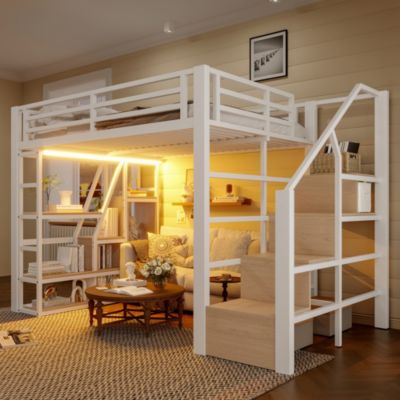 Lit Mezzanine 140x200 cm Métal Blanc avec Éclairage LED, Escalier Intégré et Garde-Corps, Lit Ado ou Adulte