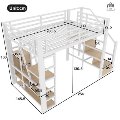 Lit Mezzanine 140x200 cm Métal Blanc avec Éclairage LED, Escalier Intégré et Garde-Corps, Lit Ado ou Adulte