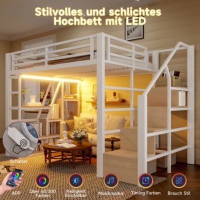Lit Mezzanine 140x200 cm Métal Blanc avec Éclairage LED, Escalier Intégré et Garde-Corps, Lit Ado ou Adulte