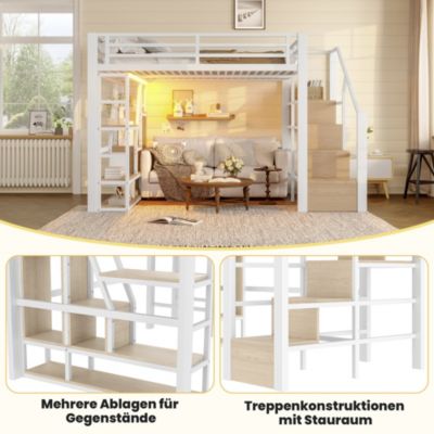Lit Mezzanine 140x200 cm Métal Blanc avec Éclairage LED, Escalier Intégré et Garde-Corps, Lit Ado ou Adulte