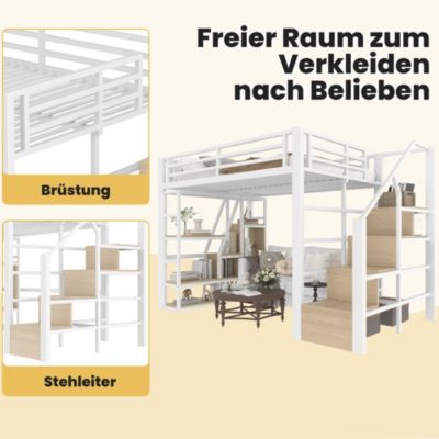 Lit Mezzanine 140x200 cm Métal Blanc avec Éclairage LED, Escalier Intégré et Garde-Corps, Lit Ado ou Adulte