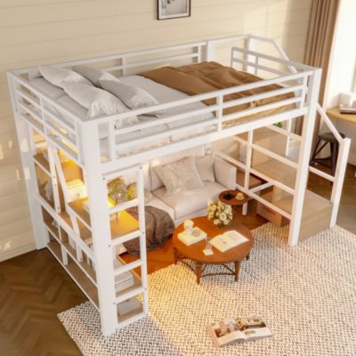 Lit Mezzanine 140x200 cm Métal Blanc avec Éclairage LED, Escalier Intégré et Garde-Corps, Lit Ado ou Adulte