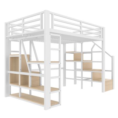 Lit Mezzanine 140x200 cm Métal Blanc avec Éclairage LED, Escalier Intégré et Garde-Corps, Lit Ado ou Adulte